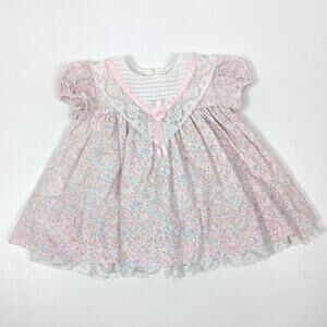 Vintage Ci Castro Co Dress Baby Girls Size 12m Pink Floral Bib Party